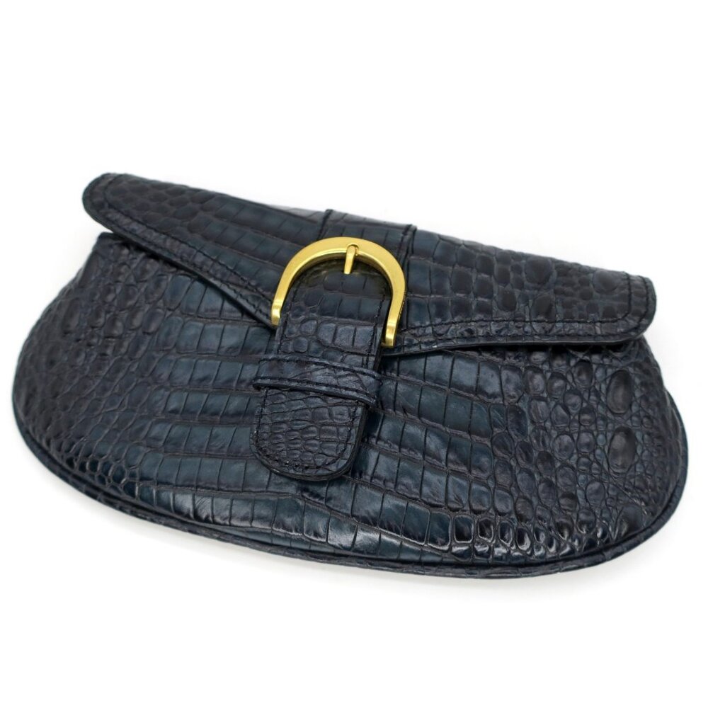 Brahmin Blue Croc Leather Small Clutch Wallet Gold Buckle - Picture 1 of 5